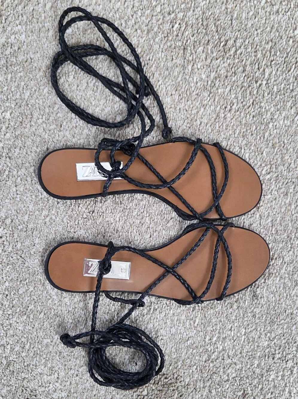Zara Black Braided Leather Lace-Up Flat Sandals - Picture 5 of 8
